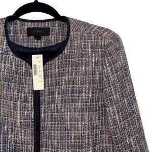 J. Crew Blue, Gold & Ivory Tweed Collarless Zipper Cropped Blazer - Size 6 - NWT